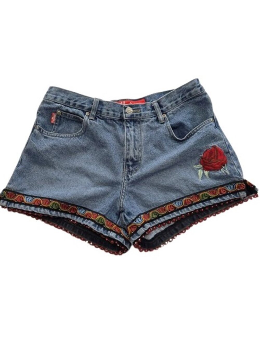 Women’s Denim Shorts Rose Embroidery Beaded Trim Mid Rise Size 9